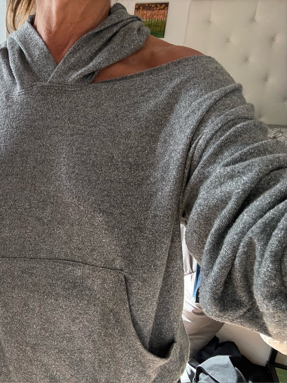 Women’s Off-Shoulder Gray Knit Sparkly Hoodie Sweater